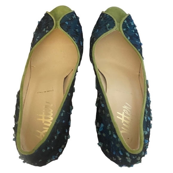 Butter green suede blue fabric peep toe heels Size 8 - Picture 7 of 9